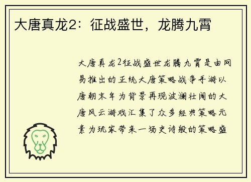 大唐真龙2：征战盛世，龙腾九霄