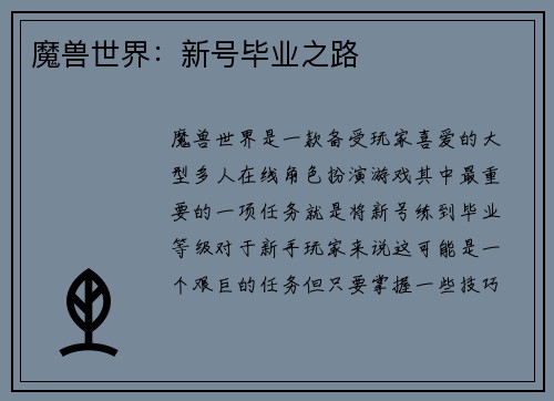 魔兽世界：新号毕业之路